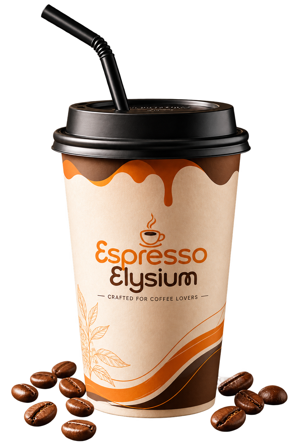 Espresso Elysium coffee cup with roasted coffee beans